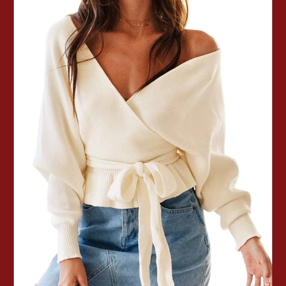 ZESICA WRAP RUFFLE BELTED WAIST KNITTED SWEATER PULLOVER size S.